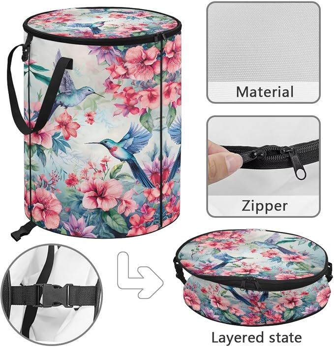 Hibiscus Floral Hummingbird Collapsible Camping Trash Can with Lid and Handles 24 Gallon Garbage Can Reusable Outdoor Trash Garden Leaf Bin Recycling Waster Bags