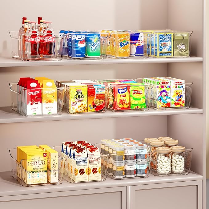12 Pack Clear Plastic Storage Bins, Pantry Organizers and Storage, Multi-Use Clear Pantry Organizer Bins Storage Containers with Handles for Kitchen, Bathroom, Freezer, Cabinet, Office