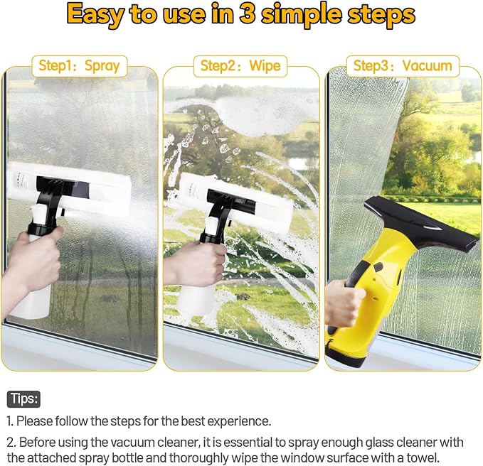 Rechargeable Window Vac, Electric Window Vacuum Squeegee, with 11 in. and 6.7 in. Squeegee Blades, Cordless Window Vacuum Cleaner Set for Cleaning Windows, Shower Doors, Mirrors, Tiles