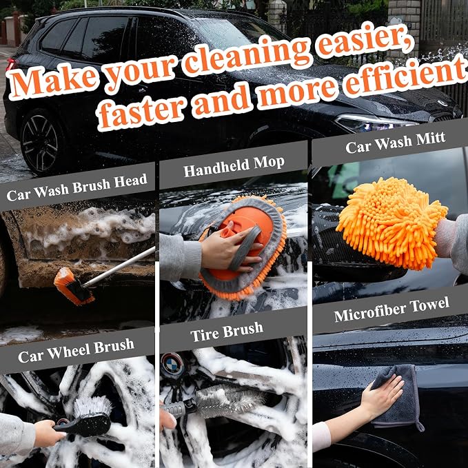 60" Extendable Car Wash Brush Kit with Long Handle | Scratch-Free Car Wash Brush, Chenille Car Mop, 2-in-1 Windshield Squeegee, Wheel Brush for Cars, Trucks Exterior Cleaning