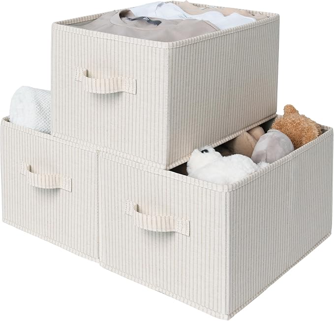StorageWorks Shelf Organizer Bins, Beige Stripes, 3-Pack, Large | Foldable Shelf Organizer Bins, Closet Storage Baskets for Clothes, Fabric Storage Bins for Shelves