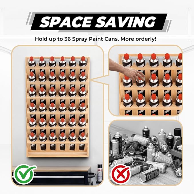 Sidasu Spray Can Storage Rack, 36-Can Wall Mount Spray Can Holder | 6-Tier Design, Wooden Spray Bottle Holder, DIY Paintable, Paint Can Organizer for Garages and Workshops