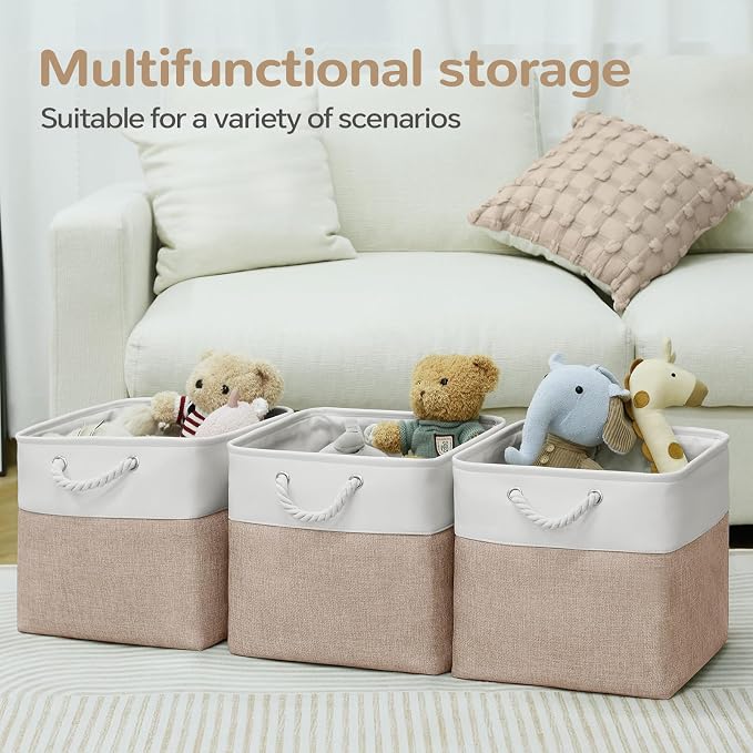 13x13 Inch Foldable Fabric Cube Storage Bins with Handles 6 Pack | Sturdy Metal Strand, Cardboard Support Molding, Storage Basket, Cube Storage Bin for Shelves, Closet, Bedroom, White/Khaki