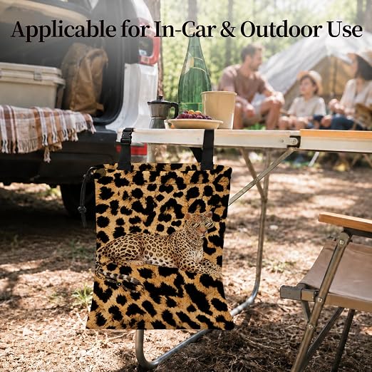 Modern Fashion Cheetah Car Garbage Bag Canvas Trash Can | Funky Leopard Print Drawstring Car Trash Bag Hanging for Back Seat with Adjustable Buckle