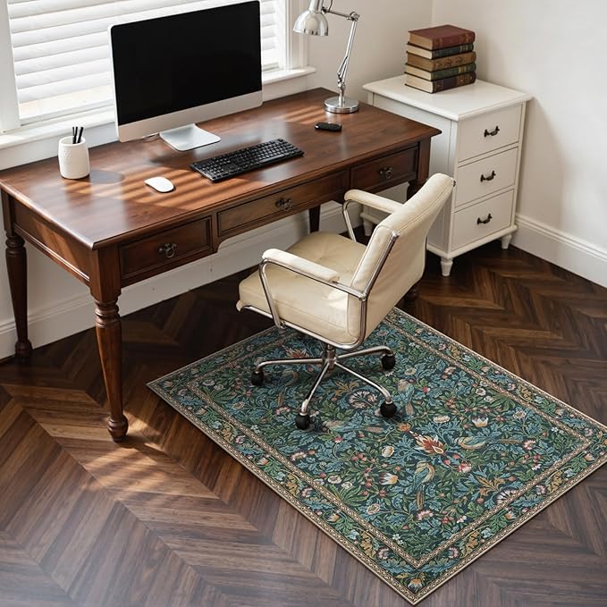 Anidaroel 36"x48" Office Chair Mat for Hardwood Floor/Tile Floor, Vintage Desk Rug for Office, Anti-Slip Office Rugs for Rolling Chairs, Low Pile Offices Chair Rug,Navy Blue Floral Bird