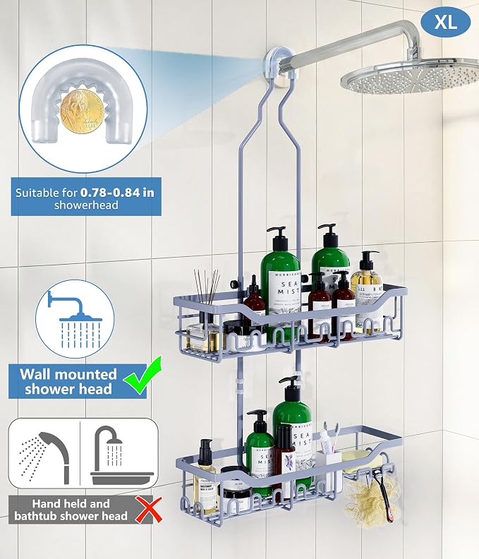 Shower Caddy Hanging Organizer, Extra Large Rack Over Showerhead with Hooks, Adjustable Height Shower Caddy for Big Shampoo Bottle, Grey