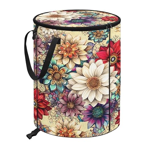 BIGCARJOB Boho Floral Large Trash Can with Lids, Camping Trash Can Collapsible Garbage Cans Water Resistant Garbage Bin Storage Holder for Outside, 22.83x17.71 in