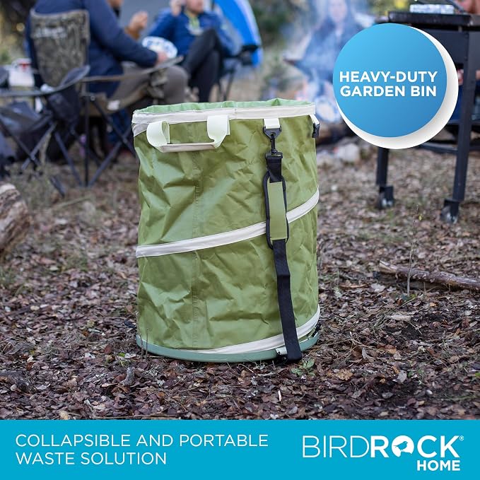 BIRDROCK HOME Collapsible Lawn and Leaf Waste Bag with Lid - 30 Gallon - Heavy Duty Reusable Camping Trash Can - Hardshell Bottom for Yard Debris, Garage Storage - Portable Garden Bin - Green | Heavy Duty Reusable Camping Trash Can with Hardshell Botto...