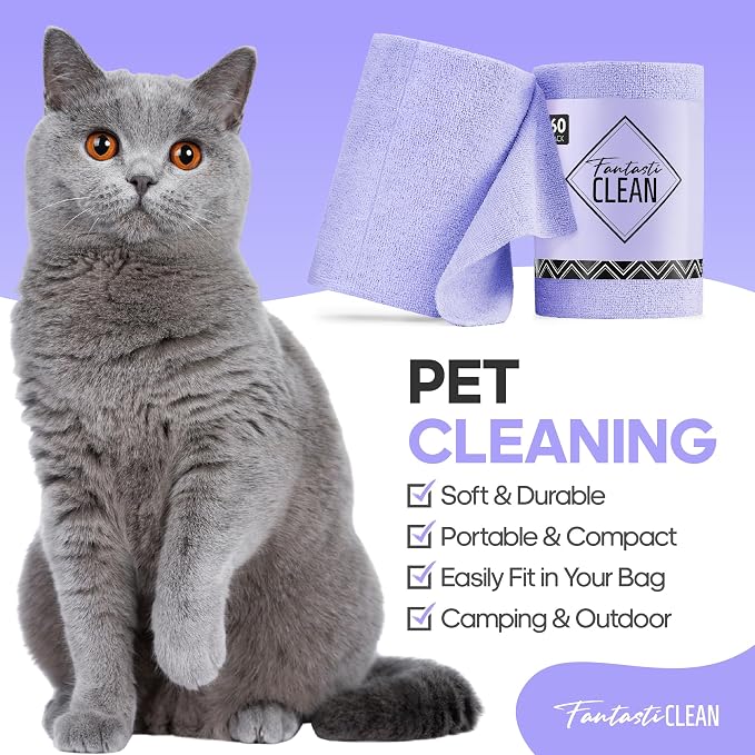 Fantasticlean Microfiber Cleaning Cloth Roll, 60 Pack, 8 x 8, Light Purple | Tear Away Microfiber Towel Roll, Reusable Paper Towels, Rags for Kitchen, Pet, Dust, Car, Office, Cleaning Supplies, Portable