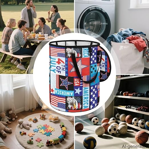 24Gal July 4th Eagle Collapsible Trash Can - Waterproof Pop-Up Bin w/Lid for Camping & Backyard | Leakproof Yard Waste Bag (Patriotic Decor)