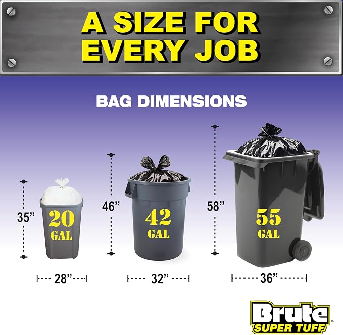 Brute Super Tuff 42 Gallon Contractor Bags, 2.0 Mil, Black, Unscented, 20ct | Heavy Duty Black Garbage Bags, Superior Rip, Tear, and Leak Protection, Twist Tie Closure, Construction Cleanup, DIY Waste