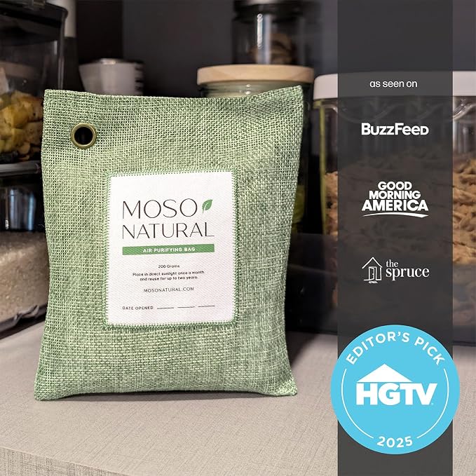 Moso Natural Air Purifying Bag 200g (3 Pack) Charcoal Odor Absorber, Car Odor Eliminator & Closet Deodorizer for Home & Pet, Lasts 2 Years, Unscented Bamboo Charcoal Bags, HGTV Editors' Pick (Green)