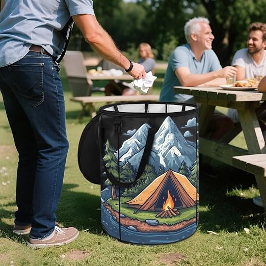 Mountain Tent Camping Trash Can 20 Gallon Foldable Trash Can with Zipped Lid Outdoor Garbage Bin for Camping, Picnic Large Storage Bin for Family Trip