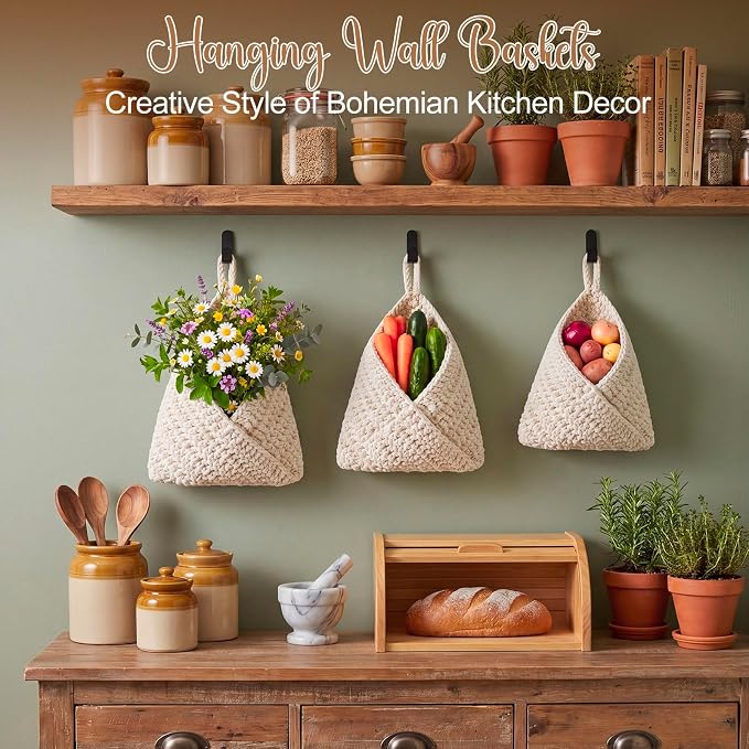 3 Hanging Baskets,White,Triangle,Cotton Rope | Wicker Wall Baskets with Hooks for Fruit Vegetable Onion Storage, Teardrop Organizer for Kitchen, Boho Farmhouse Decor