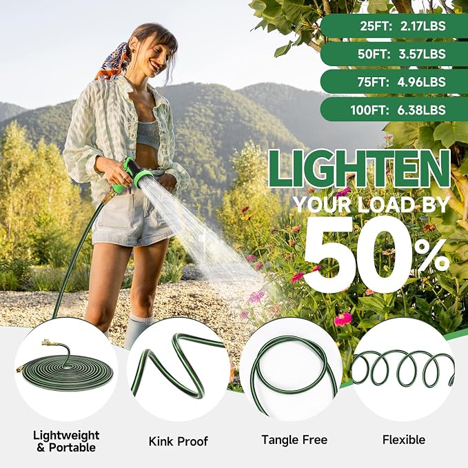 Garden Hose 25 ft Non-expandable Water Hose Flexible Durable 5 Layers TPV No Kink Lightweight Hybrid Hoses Heavy Duty with 3/4’’ Fittings-10 Way Nozzle Collapsible Outdoor Pipe for Yard Lawn