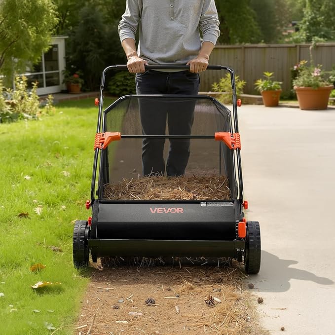 VEVOR Push Lawn Sweeper 30 in Leaf & Grass Collector 12 cu. ft. Hopper Bag | 10-Level Height Adjustable V-Shaped Brushes, Heavy Duty Yard Sweeper for Leaves, Grass Clippings & Pine Needles