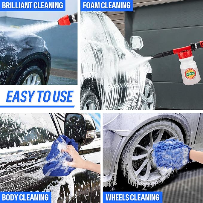Car Wash Foam Gun/Hose Sprayer, 16 IN 1 Foam Cannon for Car/Garden Cleaning | Adjustable Sprayer with 2.5-6 Bars Foam Blaster, 1L Bottle, Nozzles, Mitten&Towel, 1/2” Quick Connector for Garden Hose