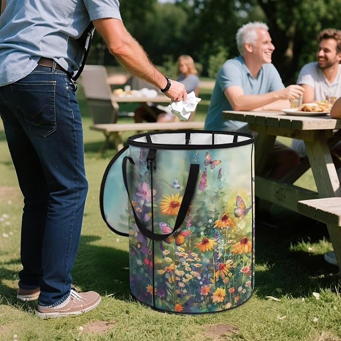 Daisy Floral Butterfly Print 24 Gallon Reusable Yard Waster Bag Garden Leaf Bin Collapsible Camping Trash Container Stand-up Waster Bin with Lid and Handles