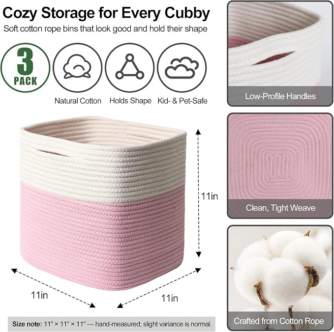 11x11 Cube Storage Bin - 3 Pack Woven Storage Cubes Organizer, 11 Inch Cotton Rope Baskets for Organizing, Decorative Square Shelf Baskets Closet Bins, Toy Boxes for Girls, Pink Room Decor