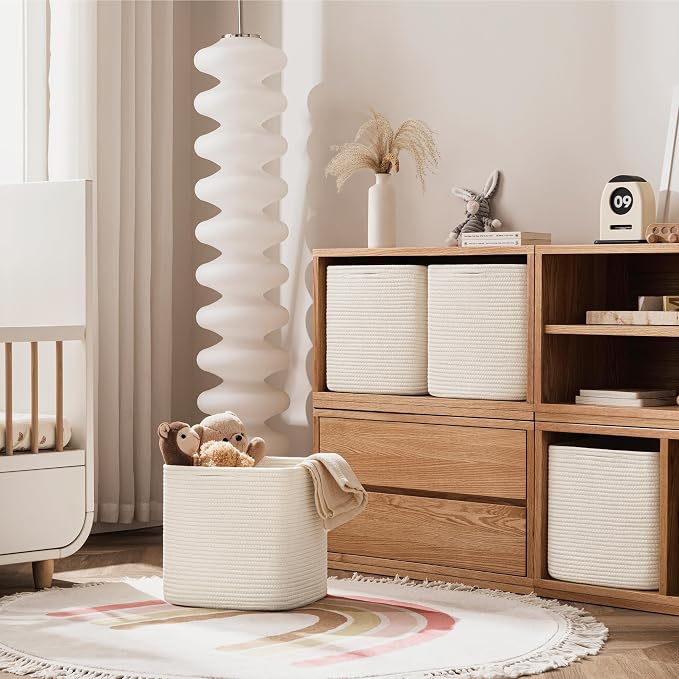 joybest 11inch Cube Storage Bins, Cotton Rope Woven Organizer Basket | Set of 4 Cube Bin Square Shelves Organizer Closet Storage, Nursery, Toy Organization, Beige
