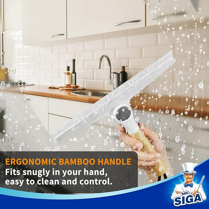 MR.SIGA Silicone Squeegee for Shower Door, Mirror, Glass, 10 inch, White | Streak free shower squeegee for windows, showers and glass surfaces, pivoting bamboo handle, includes 1 suction hook