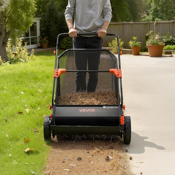 VEVOR Push Lawn Sweeper 26 in Leaf & Grass Collector 7 cu. ft. Hopper Bag | 10-Level Height Adjustable V-Shaped Brushes, Heavy Duty Yard Sweeper for Leaves, Grass Clippings & Pine Needles