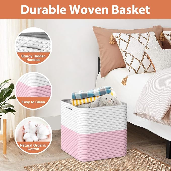 Storage Cotton Cubes 11 Inch, Woven Cotton Rope Storage Baskets for Toys Blanket Organizing, Storage Bins Decorative Organizer with Handles for Living Room Laundry Room Closet (3 Pack, Pink)
