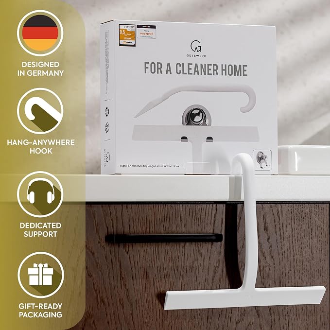Shower Squeegee for Glass Doors, 10″ White with No-Drill J-Hook | Hang Anywhere Without Adhesive, Seamless One-Piece Silicone, Encased Steel Core, Streak-Free Shower Squeegee for Glass & Tile