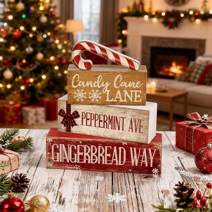 Moucuny 4 Pcs Christmas Table Decor Wooden Candy Cane Decoration Farmhouse | Tiered Rustic Design with Candy Cane, Shelf Decor for Kitchen or Living Room, Holiday Centerpiece, Farmhouse Gift
