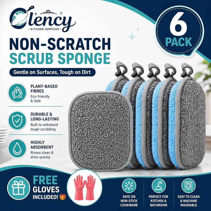Clency Non-Scratch Kitchen Sponges, 6 Pack Dual-Sided Dish Sponges for Washing Dishes, Safe for Nonstick Cookware, Reusable Scrubber Cleaning Set with 2 Silicone Cleaning Gloves