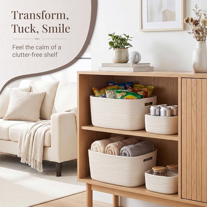 4 Pack Storage Baskets for Shelves, 17"x13"x7.5" & 7"x7"x3.5" | Cotton Rope Woven Baskets for Organizing, 2 Sizes Organizer Bins, Baskets for Shelves, Nursery, Toys, Closets, Laundry & Home
