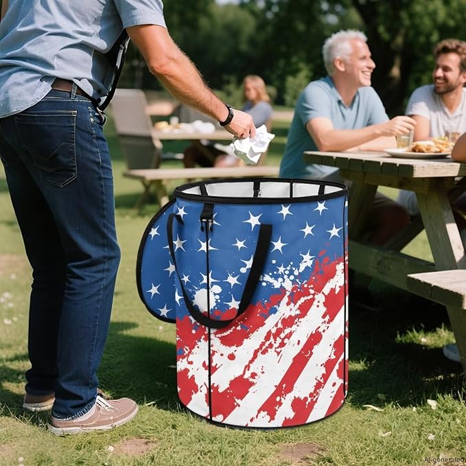 American Flag 24 Gal Collapsible Trash Can Waterproof Pop-Up Pop up Trash Can for Camping Backyard & Car Travel Easy to Clean Outdoor Garbage Bin Reusable Camping Essentials