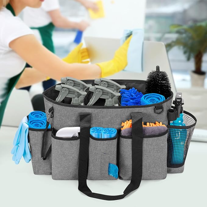 LoDrid Professional Cleaning Tote Caddy for Cleaning Supply, Gray | Cleaning Bag Organizer with Dividers and Handle Strap for Housekeepers Work, Bag Only