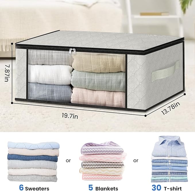 HomeHacks 4-Pack Clothes Organizer Storage Bags, 35L Storage Bins, White | Foldable Storage Box Container with Zippers, Clear Window, Reinforced Handles for Closet, Dorm, Pillows, Bedding, Sweater