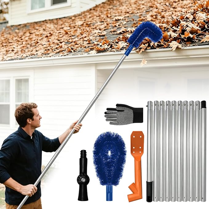 Longtor 12.9ft Aluminum Gutter Cleaning Tools with Brush & Scoop No Ladder | Aluminum pole, brush, scoop, swivel, sturdy lock. For gutters, pools, roofs, windows. Easy ground use