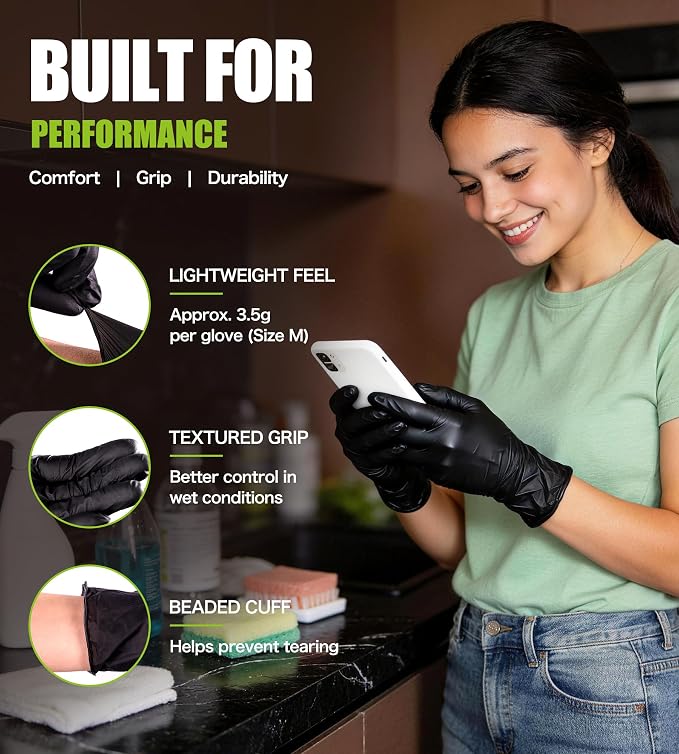 AnTools Food Safe Disposable Nitrile Gloves, Powder-Free, Textured Fingertips, Latex-Free, for Cooking, Food Prep, Cleaning, Pet Care, DIY, Black, Medium