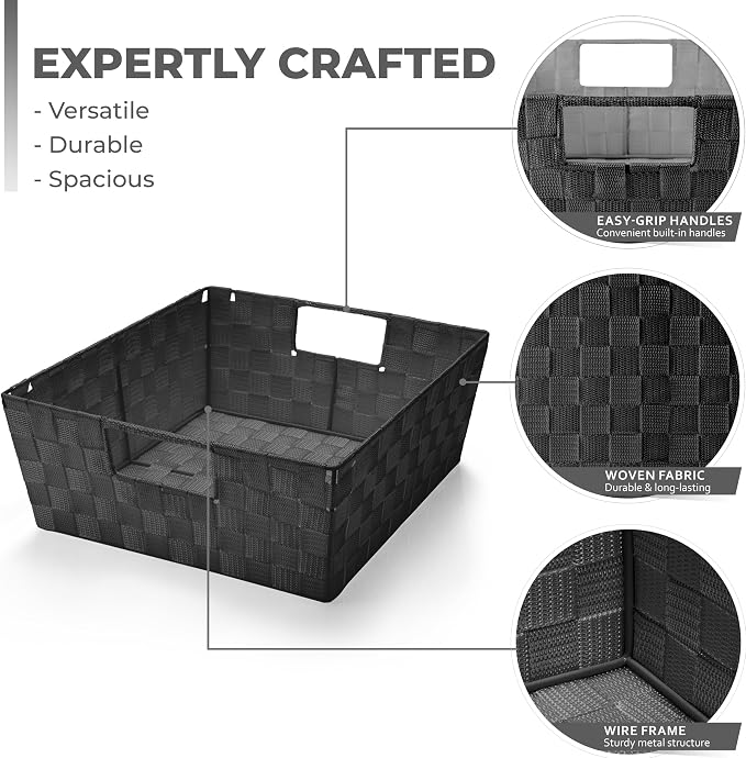 Sorbus Baskets for Organizing, Woven Storage Set (Set of 3, Black) | Carry handles, mesh construction and metal frame support fabric bins for linen closets, shelves and home decor.