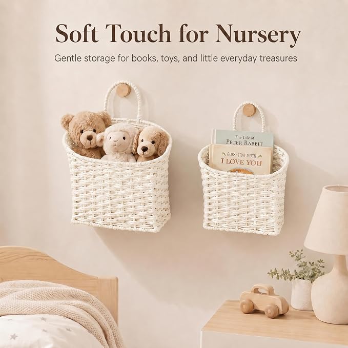 Coeusy Set of 2 Wicker Hanging Basket,Paper Roper Wall Basket,Beige White | Rattan Baskets for Front Door, Mail, Flowers,Entryway,Nursery Wall Decor Storage