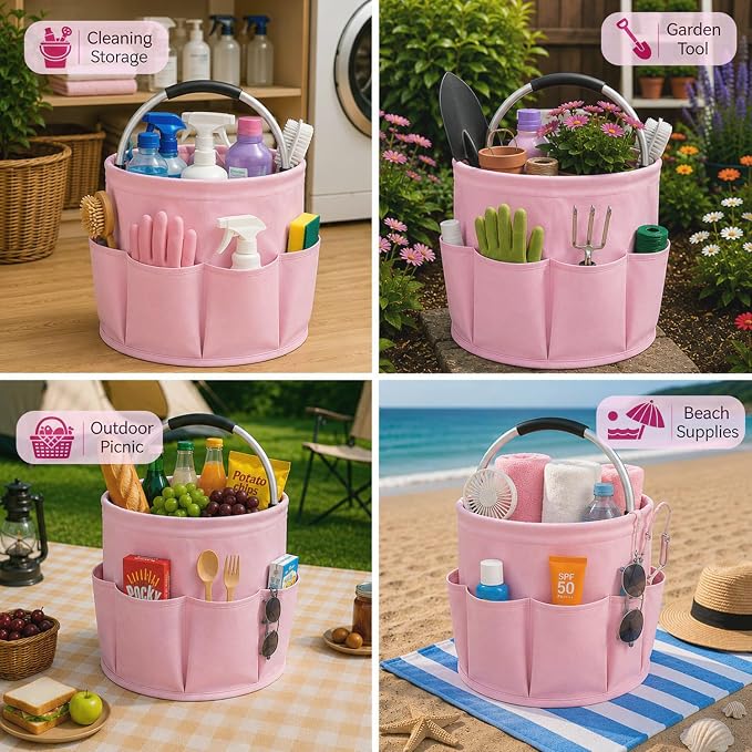 Cleaning Caddy with Handle, 17L Foldable Storage Basket, Heavy Duty 600D Oxford Cloth Organizer, Portable Supply Bag, Multi-Purpose Supplies Caddy for Home, Bathroom, Kitchen, Garden - Pink