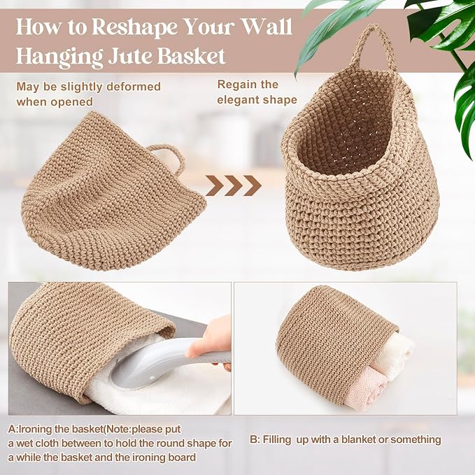 Honeydak 3 Hanging Baskets,Light Linen,Barrel,Cotton Rope | Wicker Wall Baskets with Hooks for Fruit Vegetable Onion Storage, Teardrop Organizer for Kitchen, Boho Farmhouse Decor