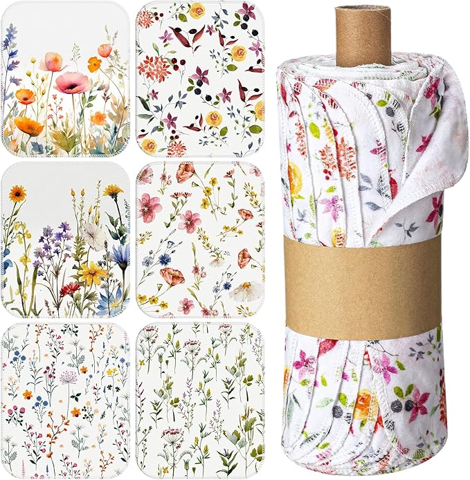 Reusable Kitchen Cloths Cotton Towel, 90 Pack, Wildflowers | Washable 9.84x11.81in, Paperless Towel Rolls Bulk, Cleaning Cloth Napkins for Dishes