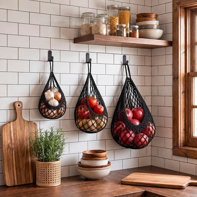 3 Hanging Baskets,Black,Crochet,Cotton Rope | Wicker Wall Baskets with Hooks for Fruit Vegetable Onion Storage, Teardrop Organizer for Kitchen, Boho Farmhouse Decor