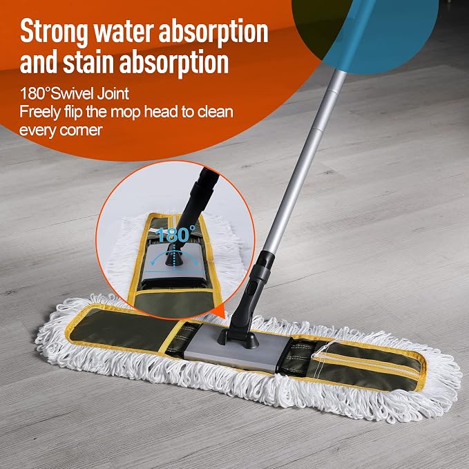 CLEANHOME 24" Commercial Dust Mop with 59" Extendable Long Handle | Heavy Duty Floor Mop, Hotel Gym Garage Hospital Household Cleaning Supplies, For Hardwood, Tiles, Marble Floors