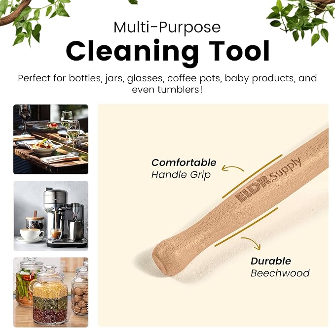 Bottle Brush, 14in Extra Long German Beechwood Handle, Strong Hemp Bristles, Zero Waste, Cleans and Scrubs Hard to Reach Wide Mouth Jars, Glasses, and Tumblers