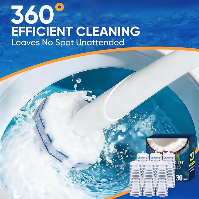 30Ct Aromative Toilet Brush Refills, Double-Layer Cleaning Pads Added, Compatible with Most Toilet Brushes， Blue Ocean（Patented）