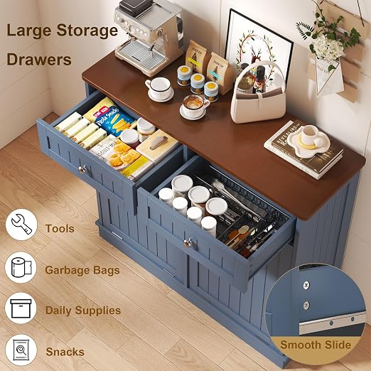 LOUVIXA Tilt Out Trash Can Cabinet with Double Hidden Trash Bin Holder, Kitchen Free Standing Recycling Cabinet,Dog Proof Trash Can,Wood, Blue