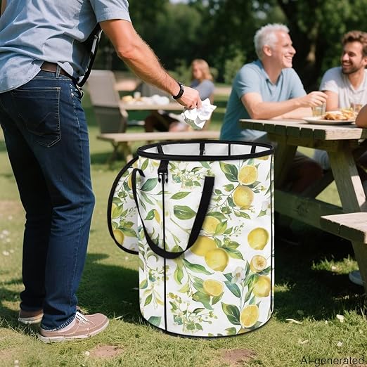 Lemon 24Gal Collapsible Trash Can w/Lid & Sorting Clips - Waterproof Pop-Up Bin for Camping Backyard | Heavy Duty Garden Waste Bag, Flodable Easy to Store (18x18x23 inch)