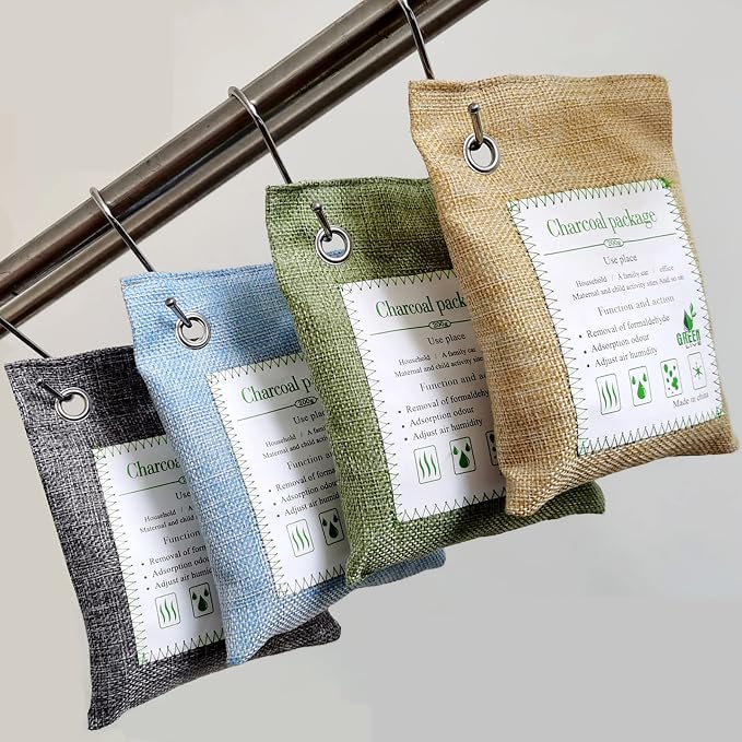 Bamboo Charcoal Bags Odor Absorber, 100g, 2 Packs, with Steel Hooks | Charcoal Deodorizer Bags with Hooks, Nature Bamboo Charcoals Air Purifying Bags, Activated Charcoals Odor Absorbers
