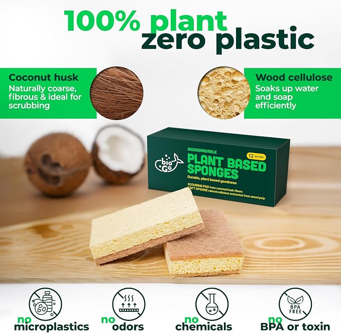 bioGo Biodegradable Kitchen Sponges – Natural Cellulose, Eco-Friendly, Compostable Cleaning Sponges – 24 Pack