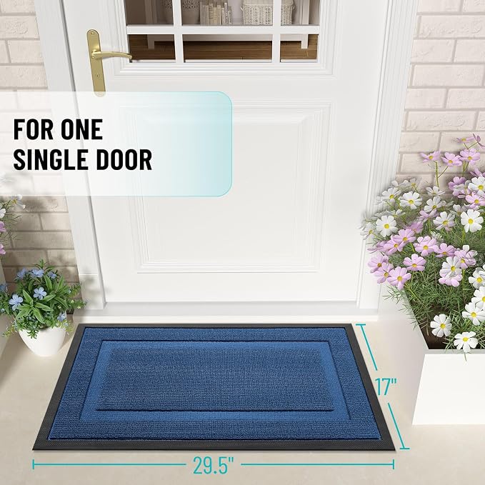 OLANLY Front Door Mat Outside 29.5x17, All-Season Heavy-Duty Rubber Doormat | Navy Blue, Absorbent, Stain Fade Resistant, Waterproof Non-Slip Backing, Low-Profile Indoor Outdoor Floor Mat for Entryway